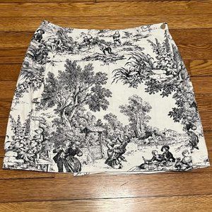 J. McLaughlin Womens Skirt Size 12 White w/ Black Victorian Art Print Cotton VTG